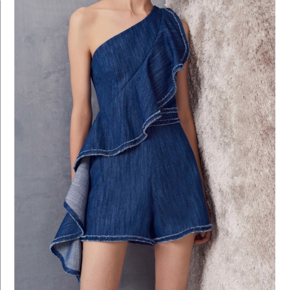 Alexis Denim One-Shoulder Ruffle Romper in Blue - Picture 5 of 9